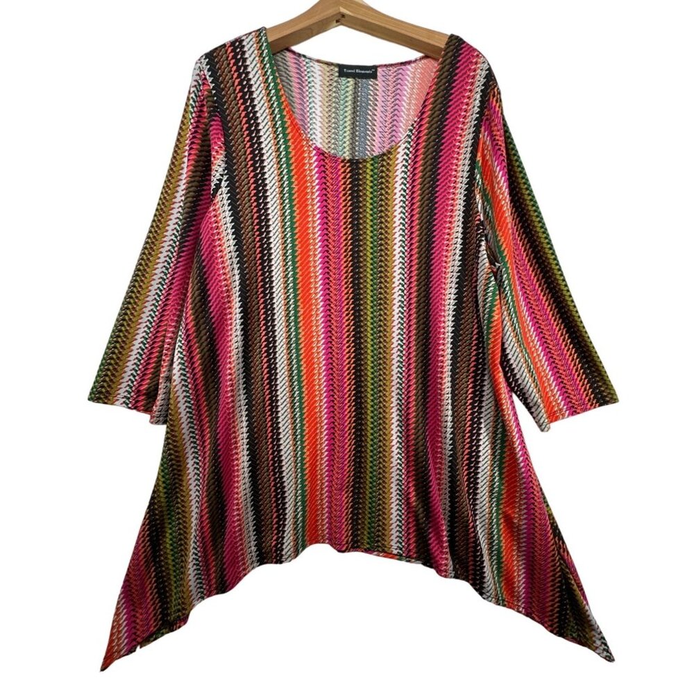 Travel Elements Womens Tunic 1X Plus Top Slinky Knit Shark Bite Striped Stretch